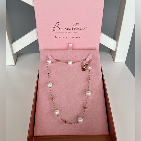 Bronzallure Necklace Spheres and Freshwater Cultured Pearls 10mm Brand New - Picture 2 of 5